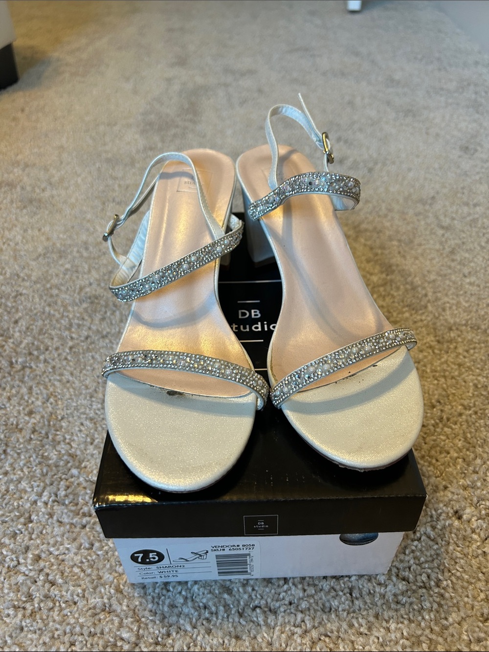 DB Studio White Rhinestone Block Heels - Picture 2 of 6